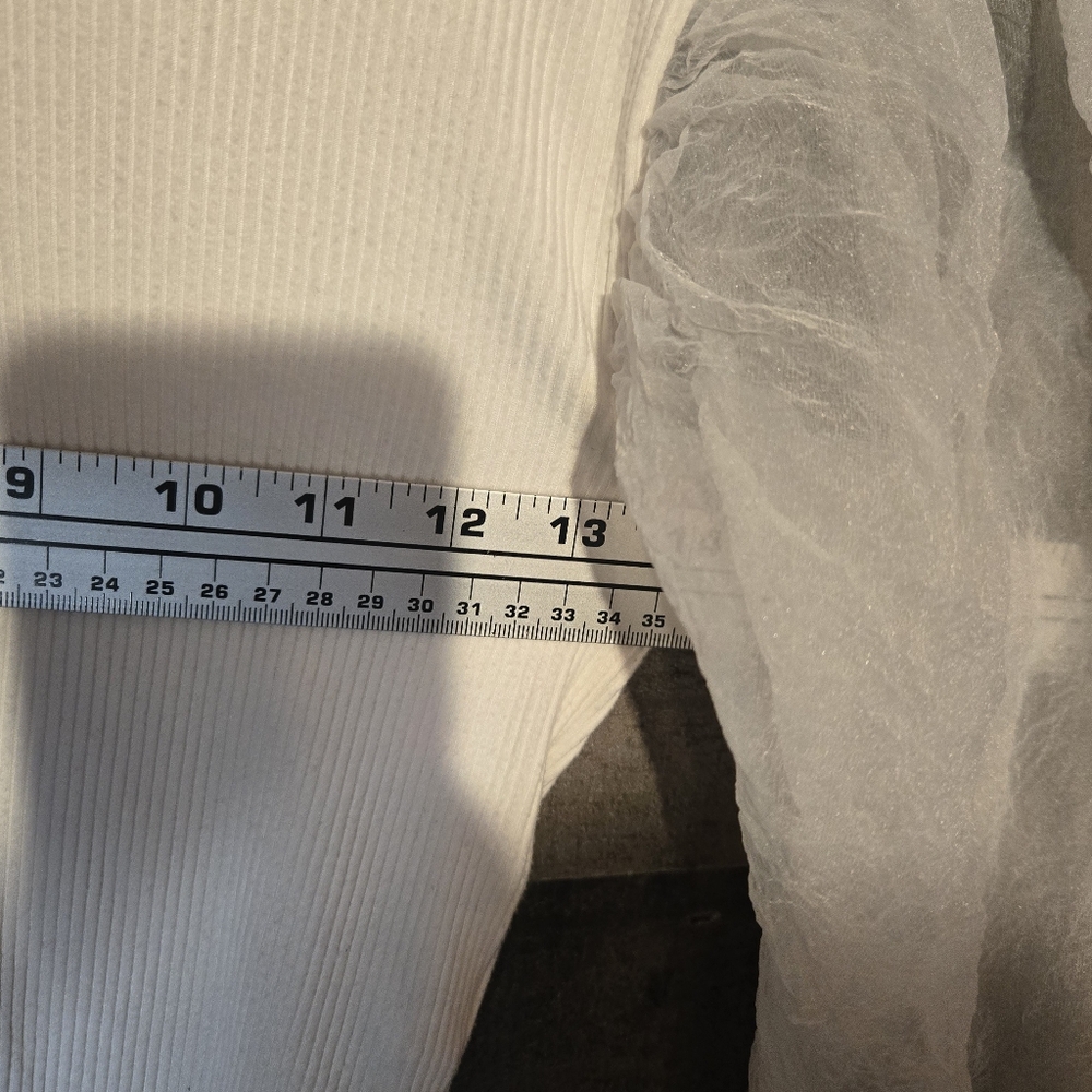 Zara Cream Ribbed Top with Sheer Puff Sleeves - Picture 3 of 5